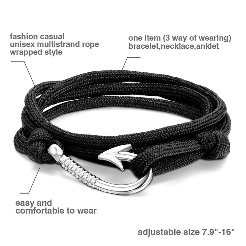 Aroncent 2pcs Fish Hook Bracelet Leather Nylon Braided Wrap Rope Wristband Nautical Bracelets for Men Women 8.5-10.5 Inches - Image 3